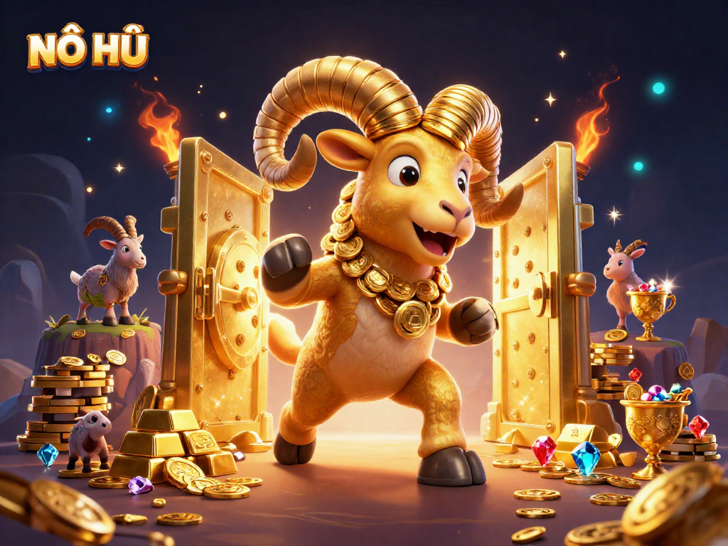 Spin the NỔ HŨ jackpot with a golden ram and treasure in dazzling 3D!