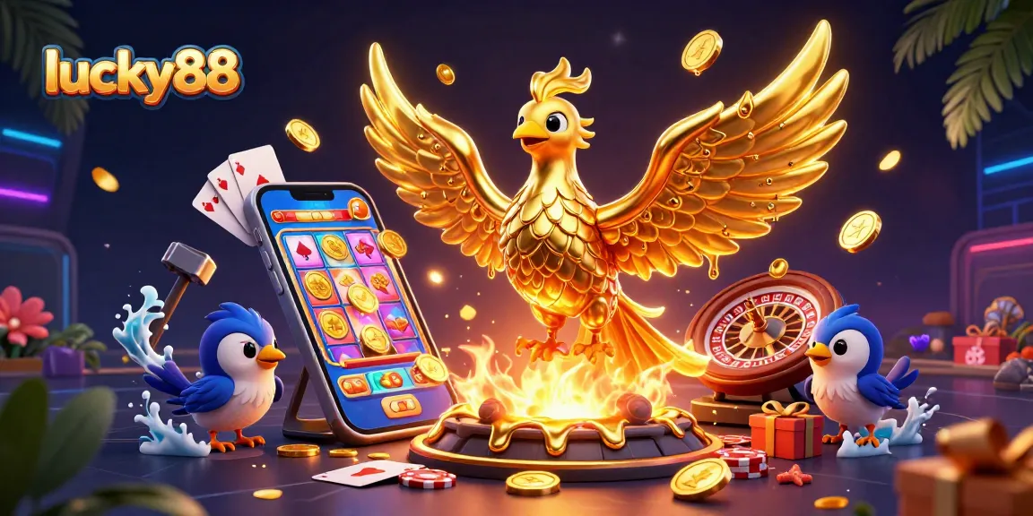 Experience the excitement of lucky88 with a golden phoenix and dynamic casino elements unfolding in a vibrant scene.