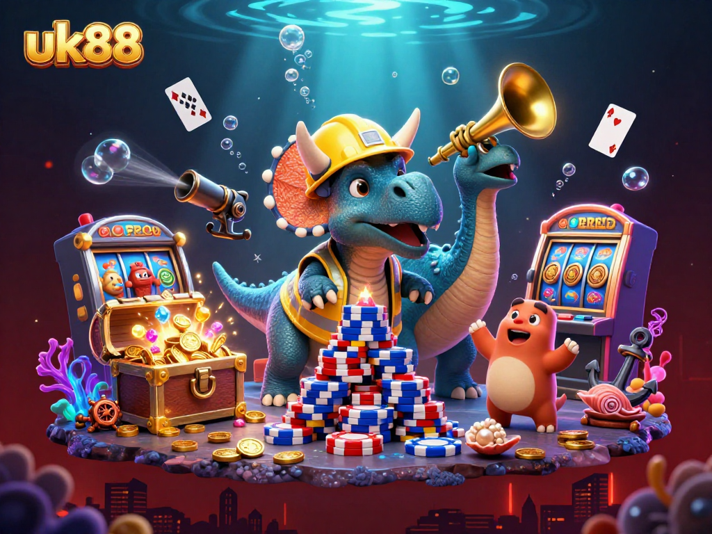Experience the thrill of uk88 with a vibrant 3D illustration of a triceratops building poker chips alongside celebrating dinos.
