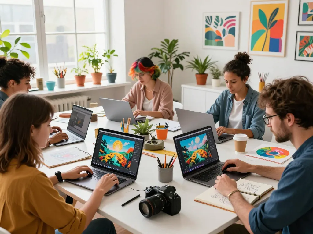 Artists using nano banana in a bright studio, creating engaging AI-generated images together.