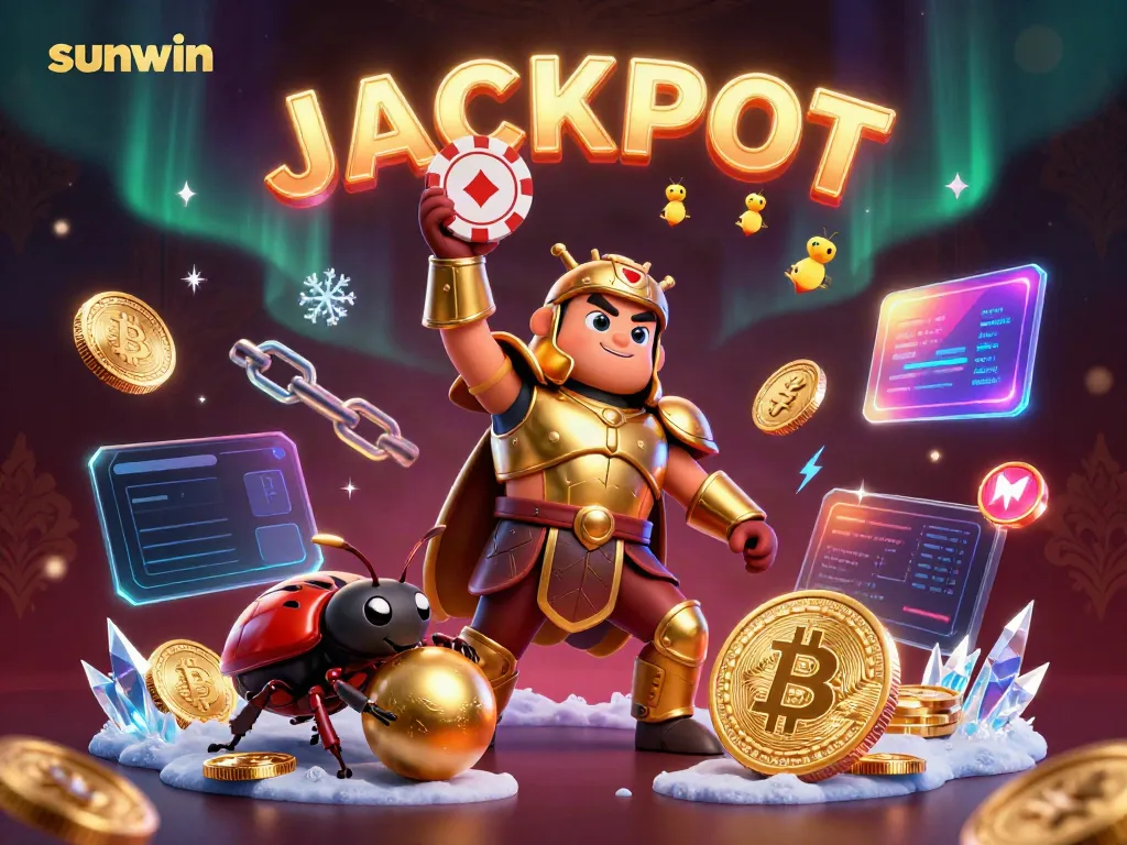Experience winnings at sunwin with an animated hercules beetle celebrating a jackpot, surrounded by vibrant gaming elements.