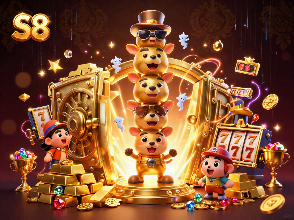Spin the reels for treasures in vibrant S8 casino illustration packed with riches and energy