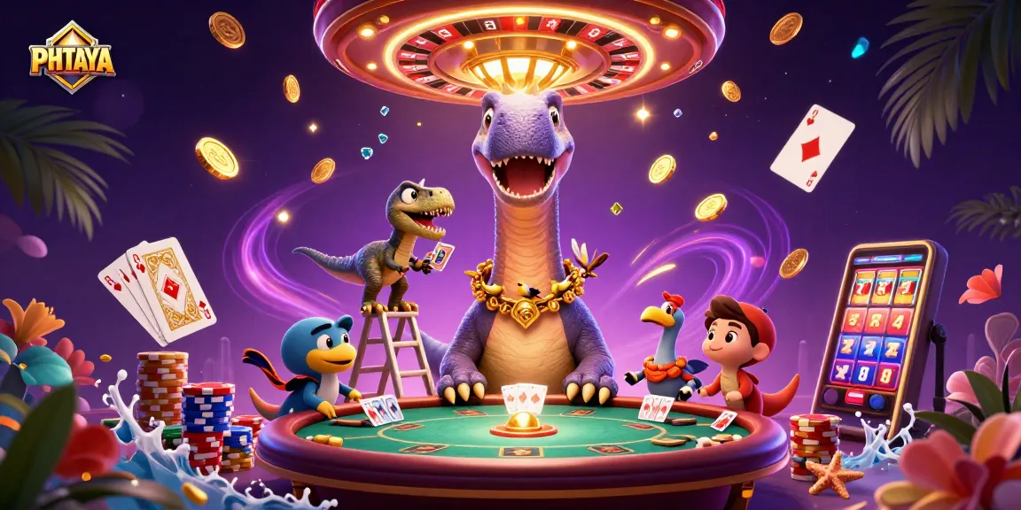 PHTAYA engages players in a thrilling casino scene with giant characters and vibrant gaming elements.