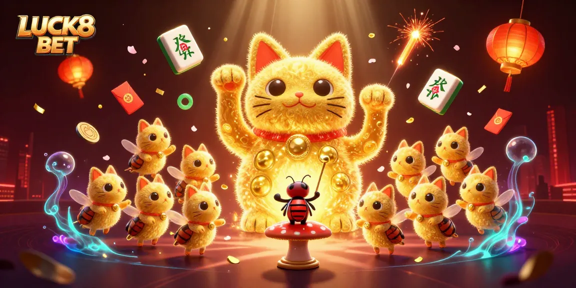 Join the fun with LUCK8 BET as the golden fireflies form a lucky cat in a vibrant casino scene.