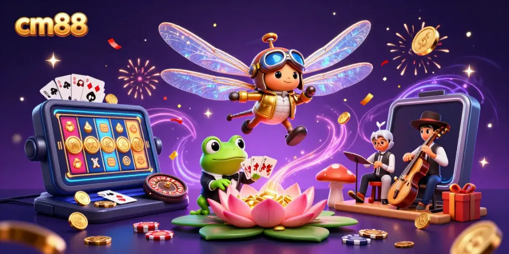Experience exhilarating gameplay at cm88, where a frog croupier deals cards in a vibrant casino scene.