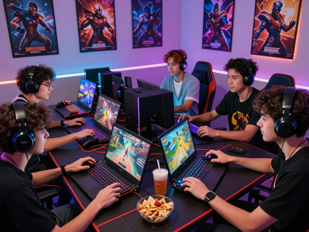 Group of friends enjoying popular porn games online with vibrant screens and engaging atmosphere.