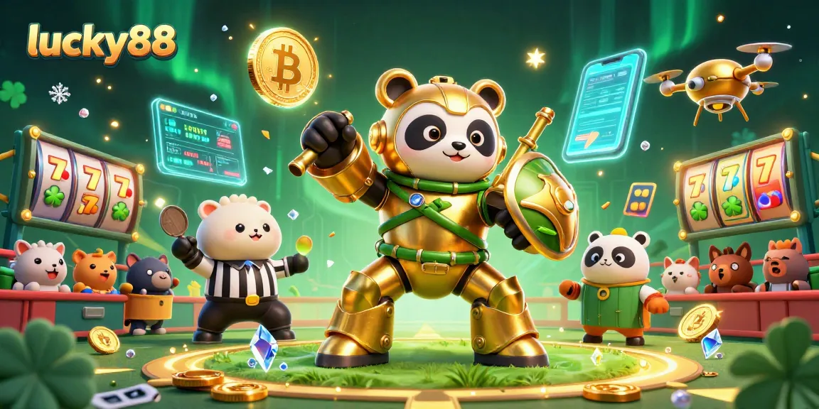 Engage in thrilling play at lucky88 with a 3D cartoon panda in an action-packed casino arena.