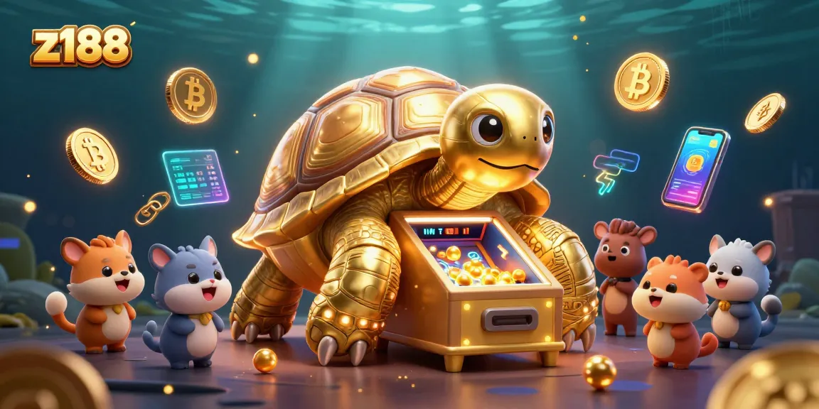 Engage with thrilling z188 casino experience featuring a colossal golden tortoise and colorful crypto elements.