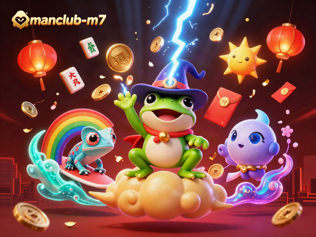 Experience the excitement of manclub-m7 as colorful characters create a vibrant casino scene.