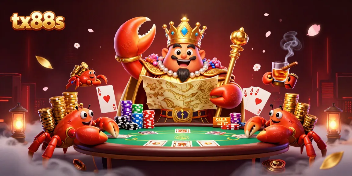Engage with tx88s' dazzling crab emperor amidst poker stakes, glowing chips, and vibrant casino elements.