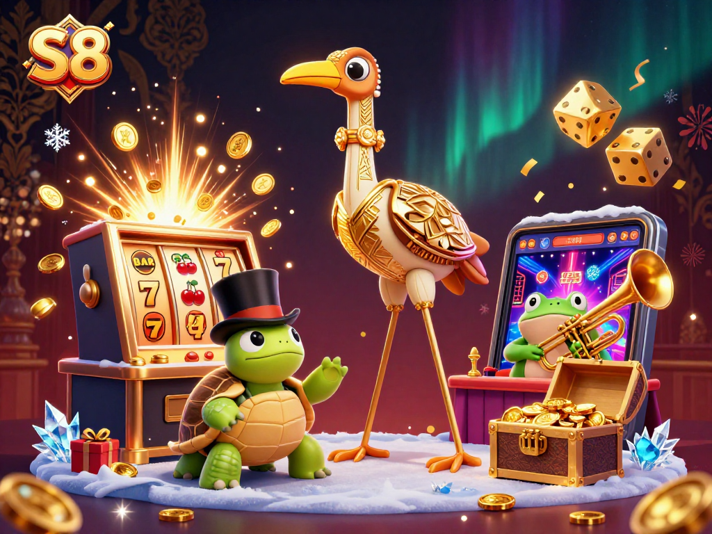 Spin the slot machines and win big at S8's stunning casino illustrated scene.