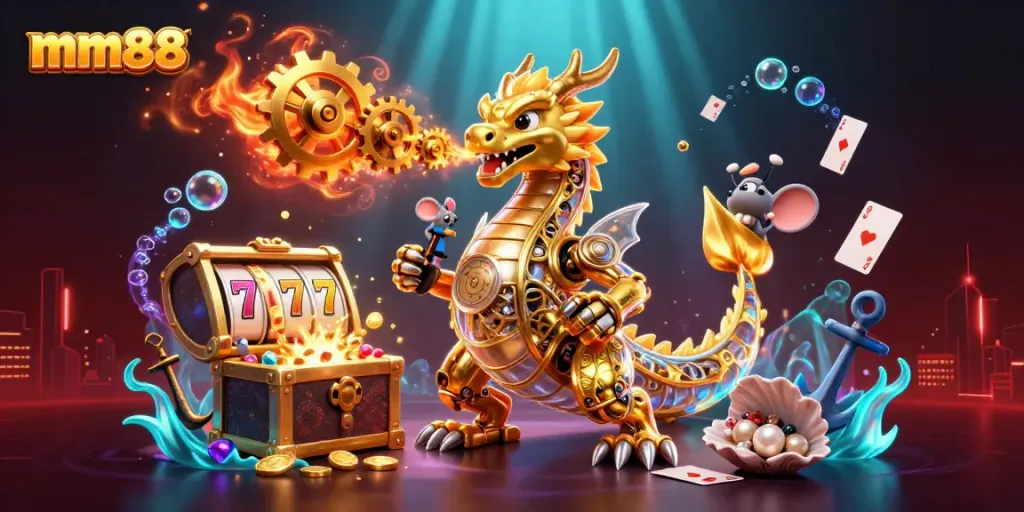Experience the thrill of mm88 with a dragon breathing gears in a rich casino setting.