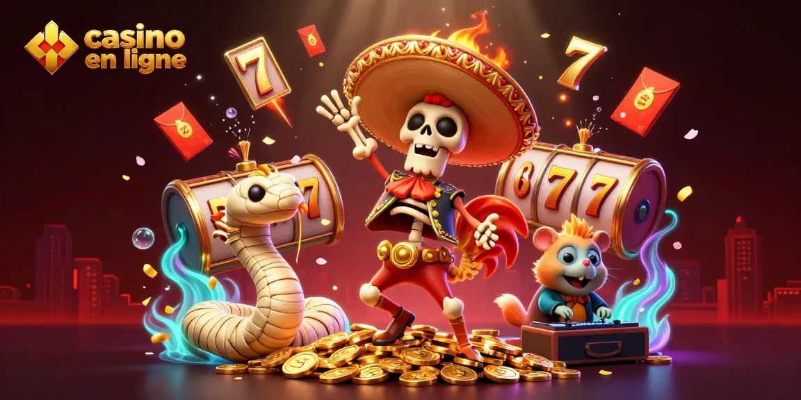 Gagnez avec le casino en ligne, en dansant sur des pièces d'or et entouré de riches symboles de jeu.