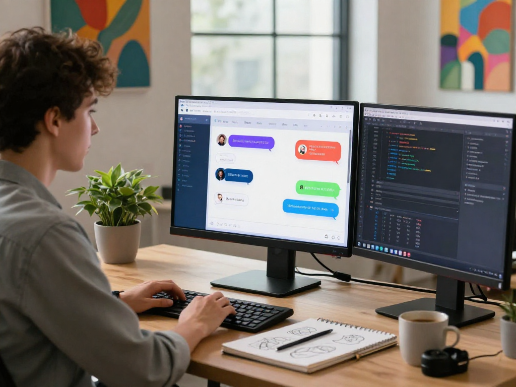 AI chat NSFW interface in a vibrant workspace with user engagement, coding monitors, and creative ambiance.