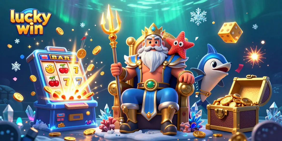 Experience lucky win excitement with Neptune surrounded by vibrant slot machine chaos and golden treasures.