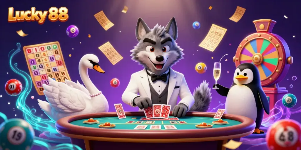 Experience Lucky 88 with immersive casino characters engaging in vibrant gaming with lottery balls and prizes