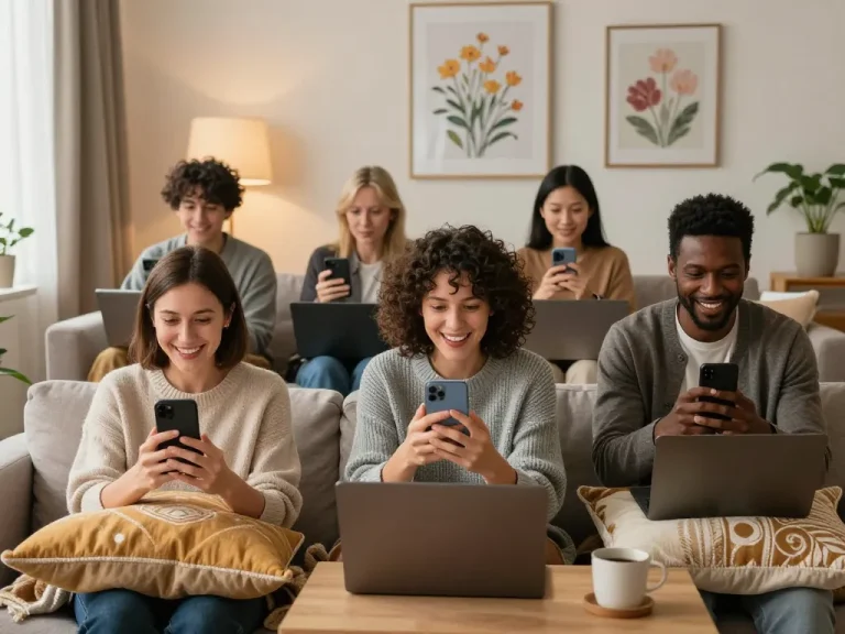 Engaging sexchat interactions among adults in cozy living spaces, highlighting connection through technology.