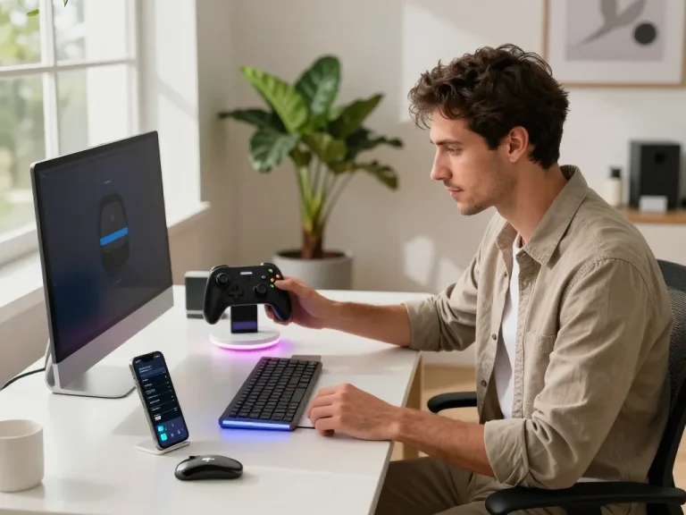 Showcasing the best tech gadgets for men, a stylish man engages with modern devices in a sleek home office.
