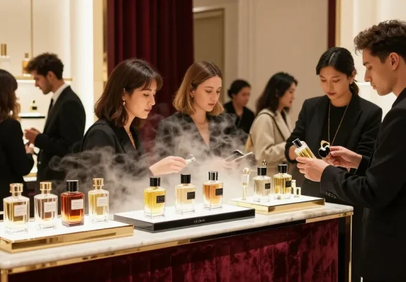 Explore Ex Nihilo Fragrances in an elegant luxury retail setting with diverse individuals.