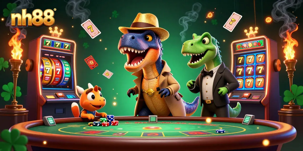 nh88 illustrates a velociraptor card counter and friends amidst a vibrant casino scene full of sparkling elements.